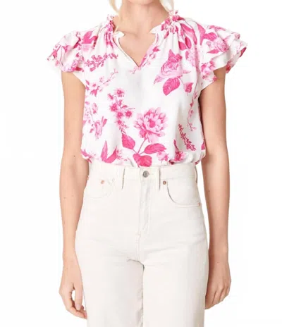 Sugarlips Clarice Floral Bellissima Ruffle Sleeve Top In White/pink