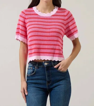 Sugarlips Clarie Stripe Crochet Sweater Top In Pink