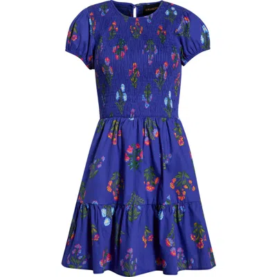 Sugarlips Clemen Ansel Floral Smocked Bodice Tiered Cotton Dress In Blue