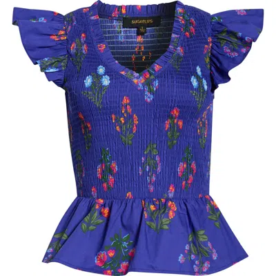 Sugarlips Clemen Floral Brish Smocked Flutter Sleeve Peplum Cotton Top In Blue