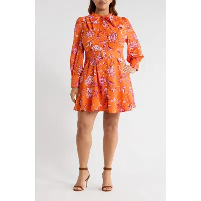 Sugarlips Cosmo Floral Long Sleeve Shirtdress In Orange