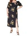 Sugarlips Curve Jasleen Floral Ruched Sleeves Midi Dress In Black-multi In Multi