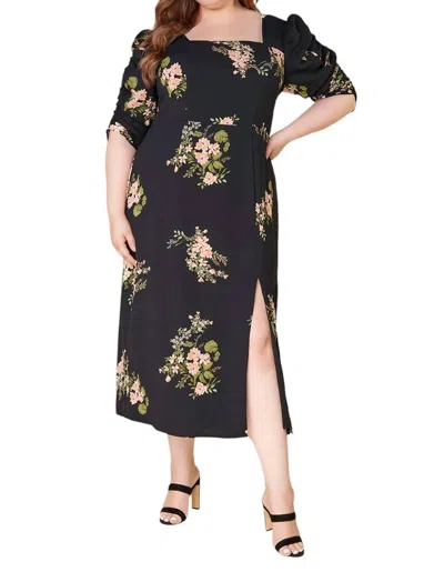 Sugarlips Curve Jasleen Floral Ruched Sleeves Midi Dress In Black-multi