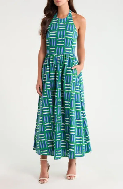 Sugarlips Daine Fish Print Cotton Halter Maxi Dress In Multi