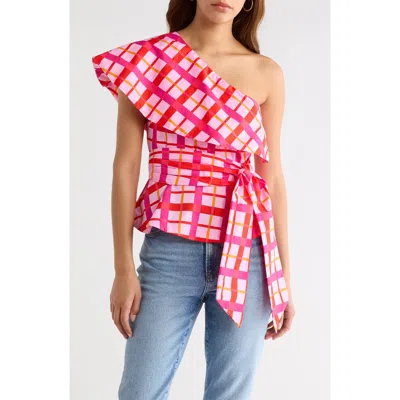 Sugarlips Darvy Plaid One-shoulder Cotton Top In Pink