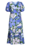 Sugarlips Dayana Floral Puff Sleeve Cotton Poplin Wrap Midi Dress In Blue