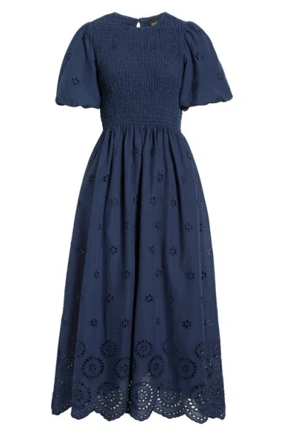 Sugarlips Deana Eyelet Smocked Midi Dress In Blue