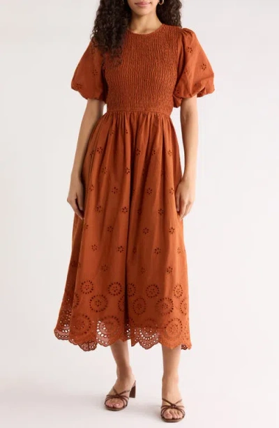 Sugarlips Deana Eyelet Smocked Midi Dress In Brown