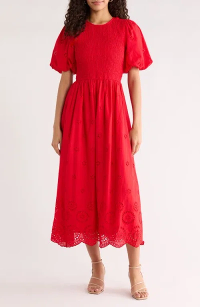 Sugarlips Deana Eyelet Smocked Midi Dress In Red