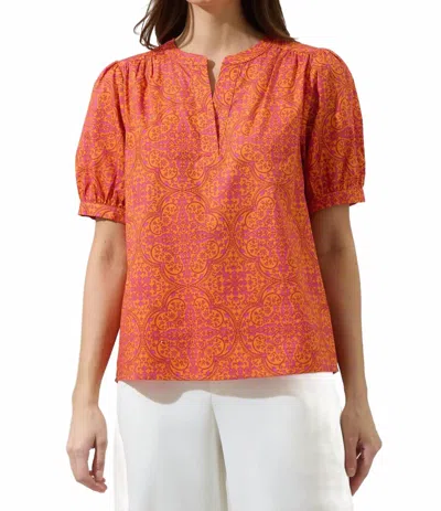 Sugarlips Debary Floral Neli Split Neck Top In Flame-orange In Blue