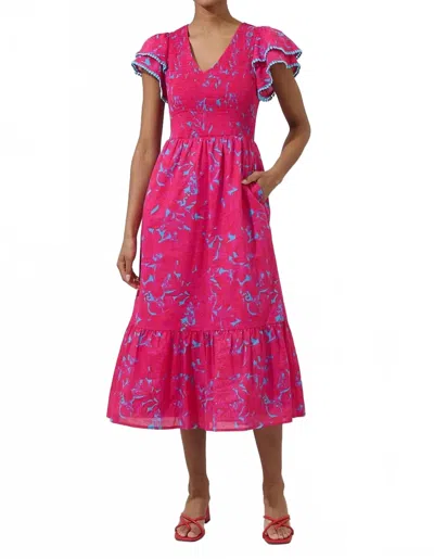 SUGARLIPS DELINA FLORAL PATTE TIERED MIDI DRESS IN BLUE/PINK