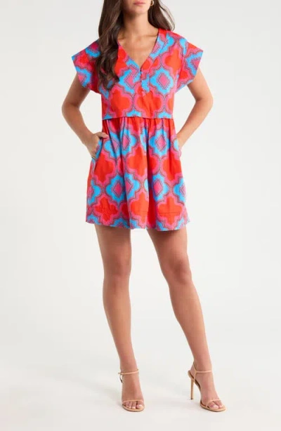 Sugarlips Devany Jolene Abstract Print Cotton Trapeze Minidress In Red-blue-multi