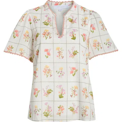 Sugarlips Diane Hilda Floral Split Neck Cotton Top In White