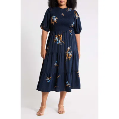 Sugarlips Dusk Bloom Floral Smocked Tiered Dress In Blue