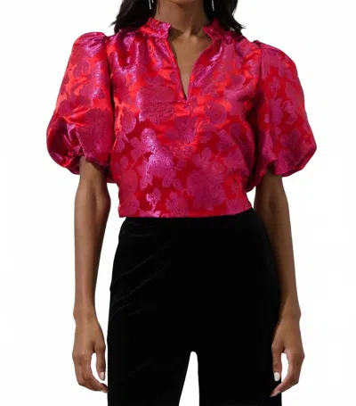 Sugarlips Dylan Floral Jacquard V-neck Top In Pink Red