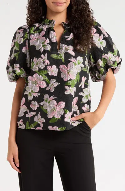 Sugarlips Elsinore Floral Jacquard Puff Sleeve Top In Black-pink