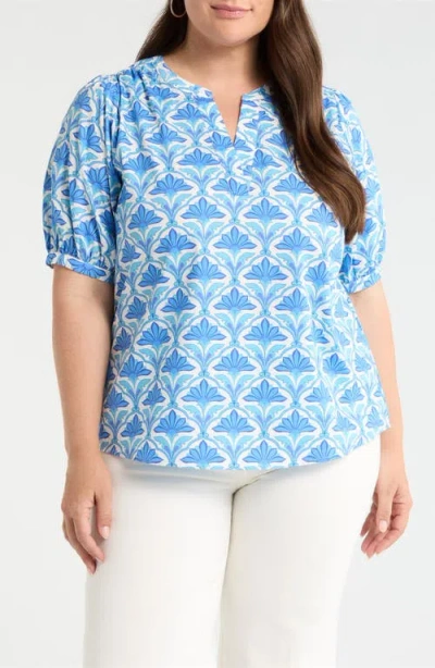 Sugarlips Elyse Geo Neli Puff Sleeve Cotton Top In Blue