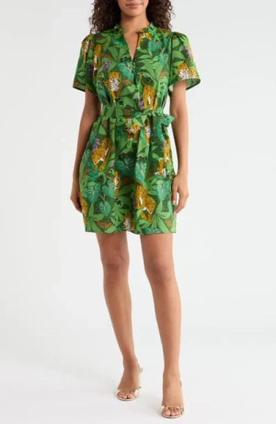 Sugarlips Ema Tropical Print Tie Waist Minidress In Green-multi