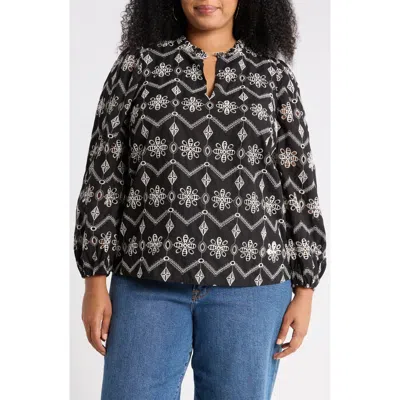 Sugarlips Embroidered Ruffle Split Neck Top In Black Ivory