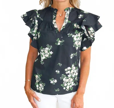 Sugarlips Emerson Floral Split Neck Top In Black/taupe In Blue