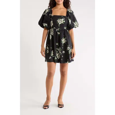 Sugarlips Emery Floral Puff Sleeve Cotton Dress In Black