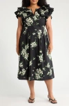 Sugarlips Emery Floral Tie Midi Dress In Black Taupe Multi In Black