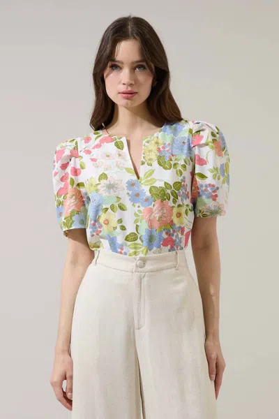 Sugarlips Esther Floral Puff Sleeve Top In Cream Multi