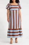Sugarlips Evabella Xena Stripe Puff Sleeve Cotton Maxi Dress In Brown