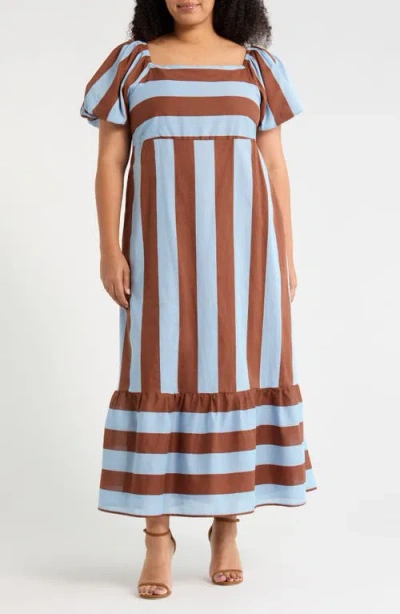 Sugarlips Evabella Xena Stripe Puff Sleeve Cotton Maxi Dress In Brown