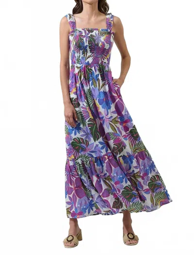 Sugarlips Evren Tropics Tayla Smocked Midi Dress In Blue/pink In Multi