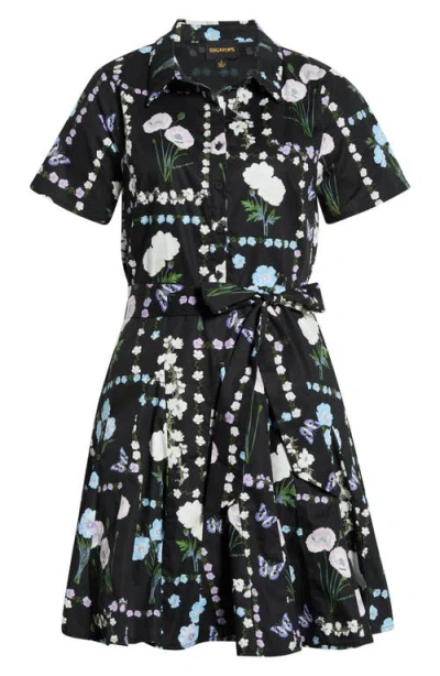 Sugarlips Floral Belted Shirtdress In Black
