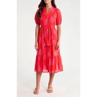 Sugarlips Floral Beth Button-up Cotton Midi Dress In Red