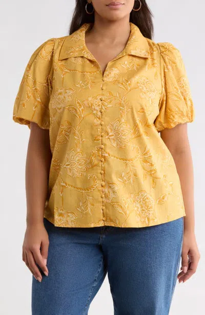 Sugarlips Floral Button Front Shirt In Mustard