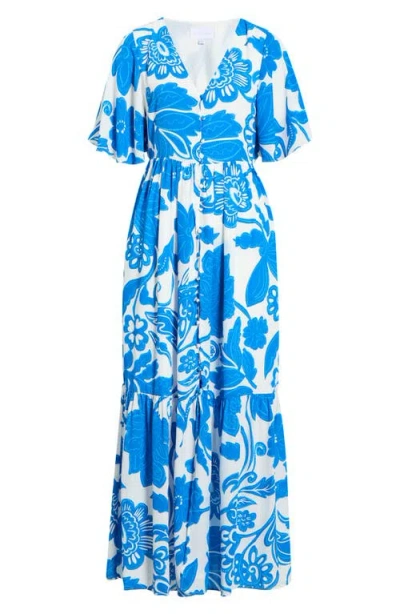 Sugarlips Floral Flutter Sleeve Dress In Blue