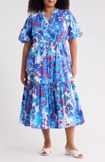 Sugarlips Floral Ginny Puff Sleeve Tiered Cotton Midi Dress In Blue