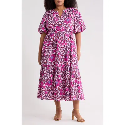 Sugarlips Floral Ginny Puff Sleeve Tiered Cotton Midi Dress In Multi