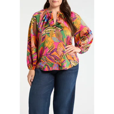 Sugarlips Floral Jovie Satin Split Neck Top In Multi