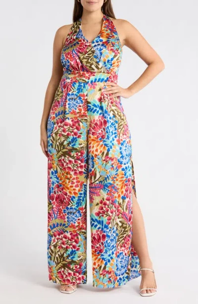 Sugarlips Floral Magic Moment Satin Halter Jumpsuit In Multi