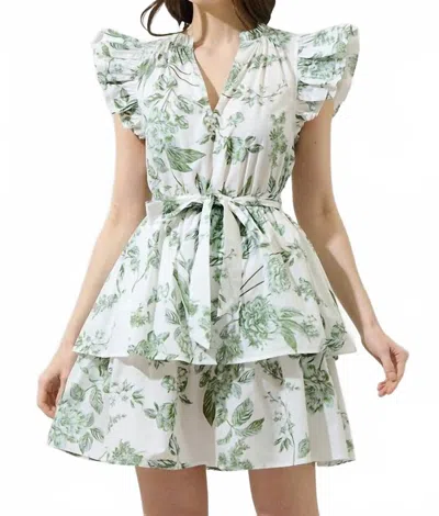 Sugarlips Floral Marisol Tiered Mini Dress In White Olives In Green