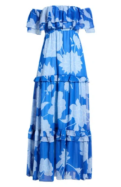 Sugarlips Floral Off The Shoulder Tiered Maxi Dress In Blue
