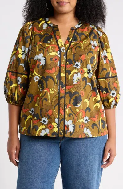 Sugarlips Floral Print Split Neck Cotton Top In Brown Multi