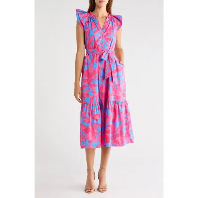 Sugarlips Floral Print Tie Waist Midi Dress In Pink