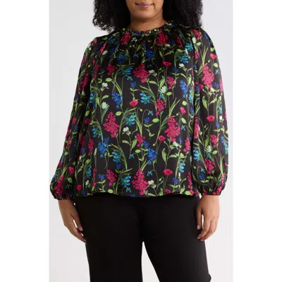 Sugarlips Floral Smocked Neck Long Sleeve Top In Black-multi