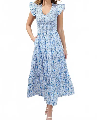 Sugarlips Floral Sunfire Smocked Bodice Tiered Midi Dress In Luray In Blue