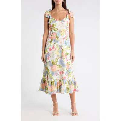 Sugarlips Floral Tie Strap Midi Sundress In Cream-mul