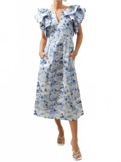 Sugarlips Francine Toile Sky Ruffle Tiered Midi Dress In Blue