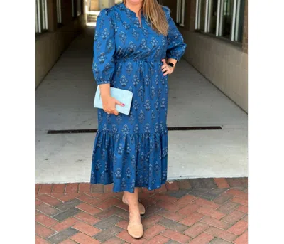 Sugarlips Gardena Plus Floral Split Neck Dress In Navy In Blue