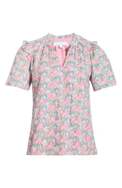 Sugarlips Gemalee Eyelet Mei Split Neck Top In Pink Green In Multi