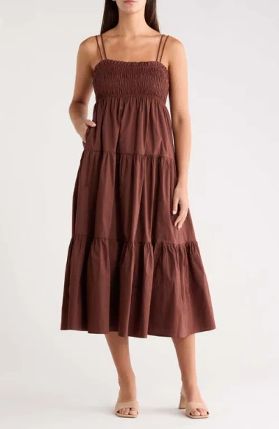 Sugarlips Gennie Smocked Tiered Cotton Midi Dress In Brown