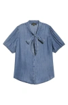 Sugarlips Georgina Tie Neck Chambray Top In Blue